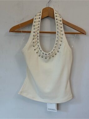 NWT Peppermayo Cream Ribbed Halter Tank with Eyelet Lace-Up Neckline XS